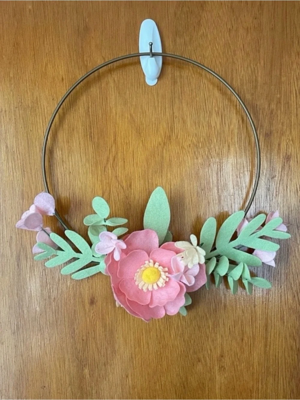 Pink and Green Felt Floral Hoop Wreath - Decorative Wall Accent